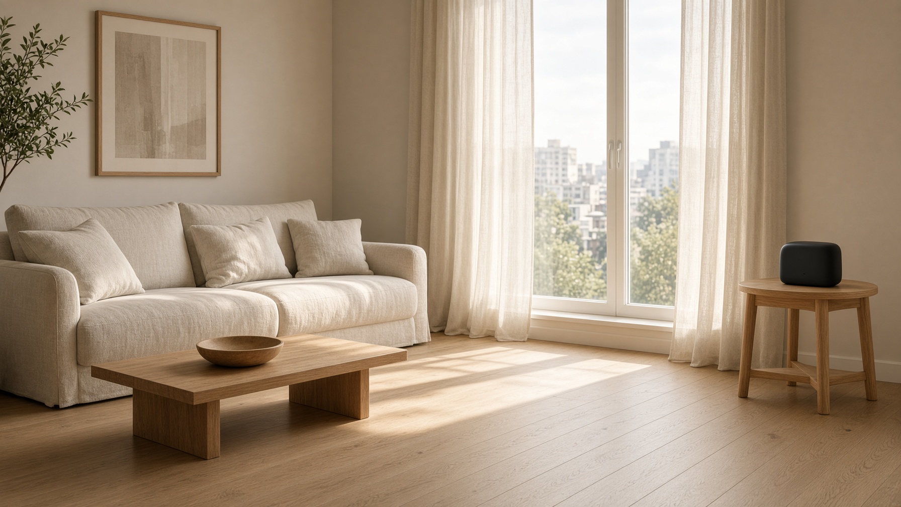 A sunlit living room with a small device on a table